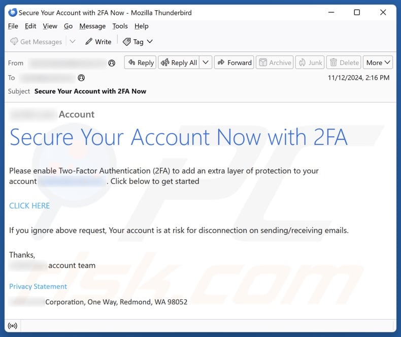 Two-Factor Authentication (2FA) email spam campaign