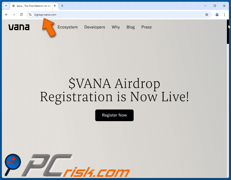 Appearance of $VANA Airdrop scam (GIF)