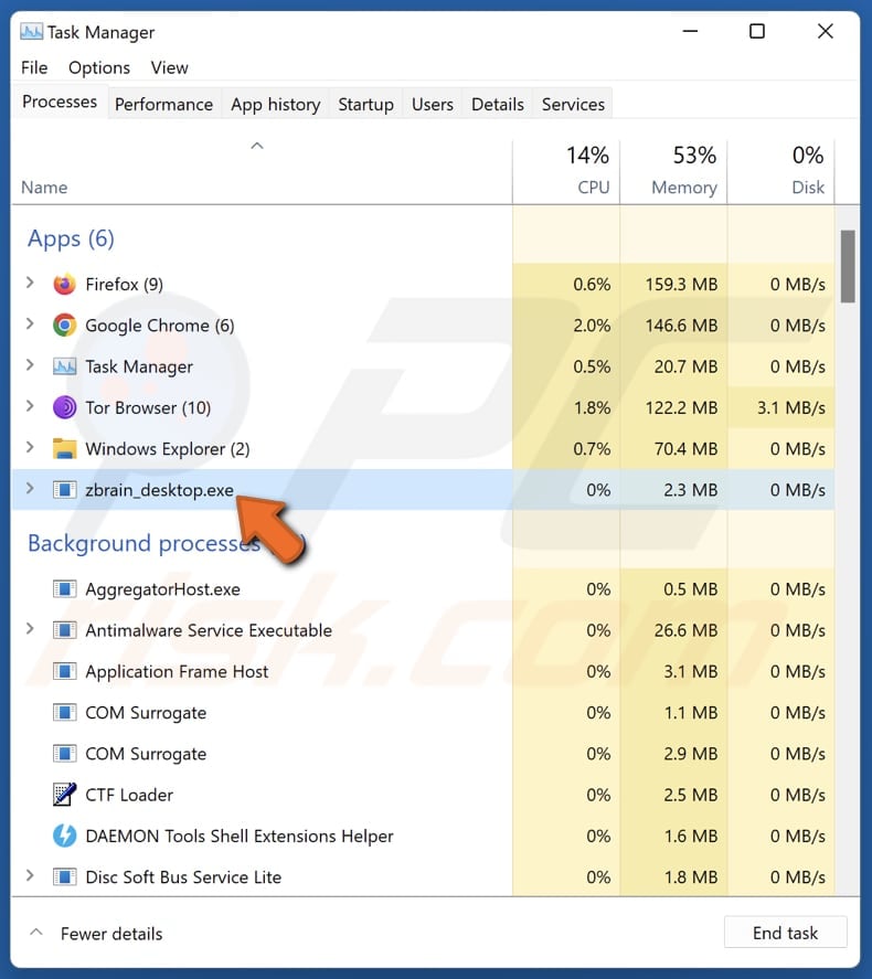 Violent_shark malicious extension running in task manager as zbrain_desktop.exe