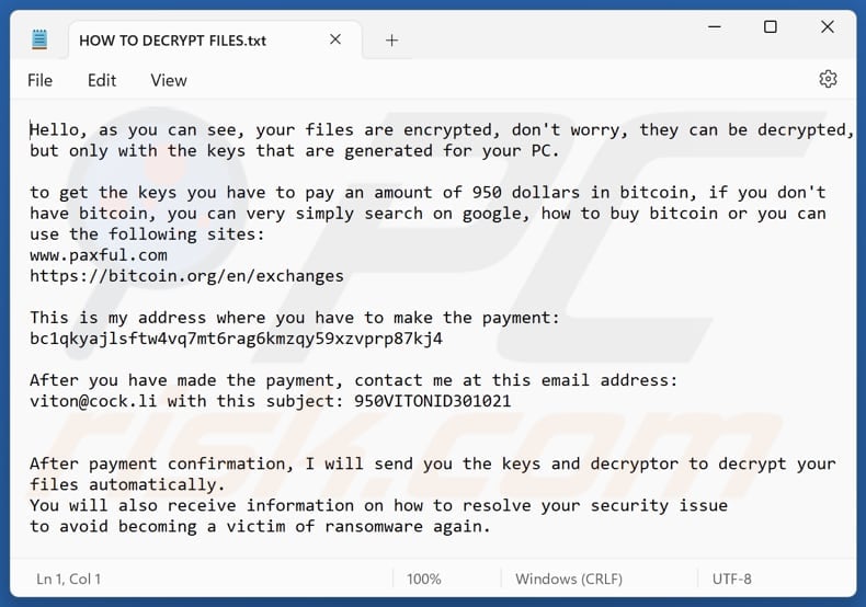 ViT ransomware text file (HOW TO DECRYPT FILES.txt)