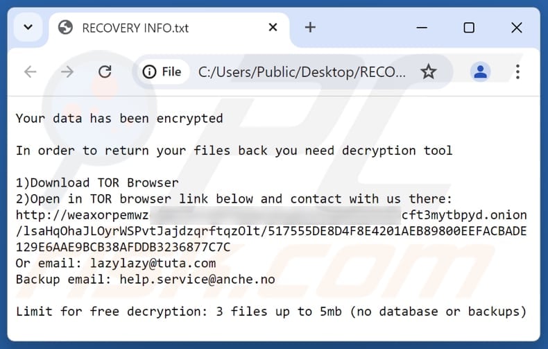 Weaxor ransomware text file (RECOVERY INFO.txt)