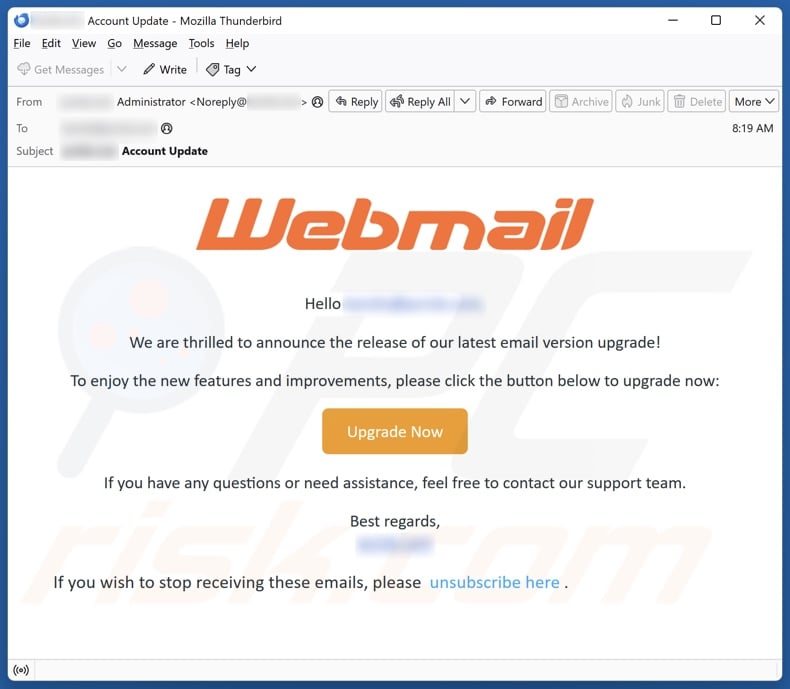 Webmail - Email Version Upgrade email spam campaign