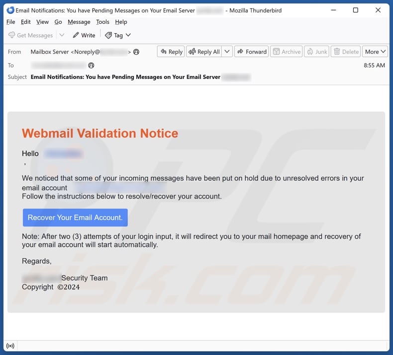 Webmail Validation Notice email spam campaign