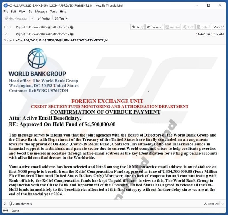 World Bank Group - Overdue Payment email spam campaign