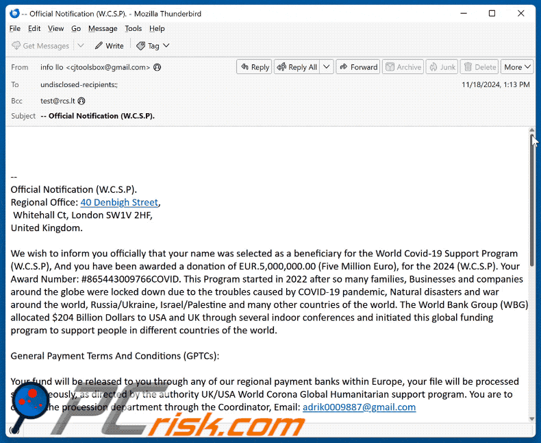 World Covid-19 Support Program (W.C.S.P) scam email appearance