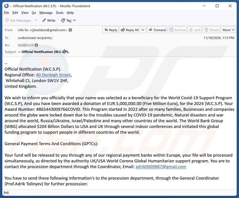 World Covid-19 Support Program (W.C.S.P) email spam campaign