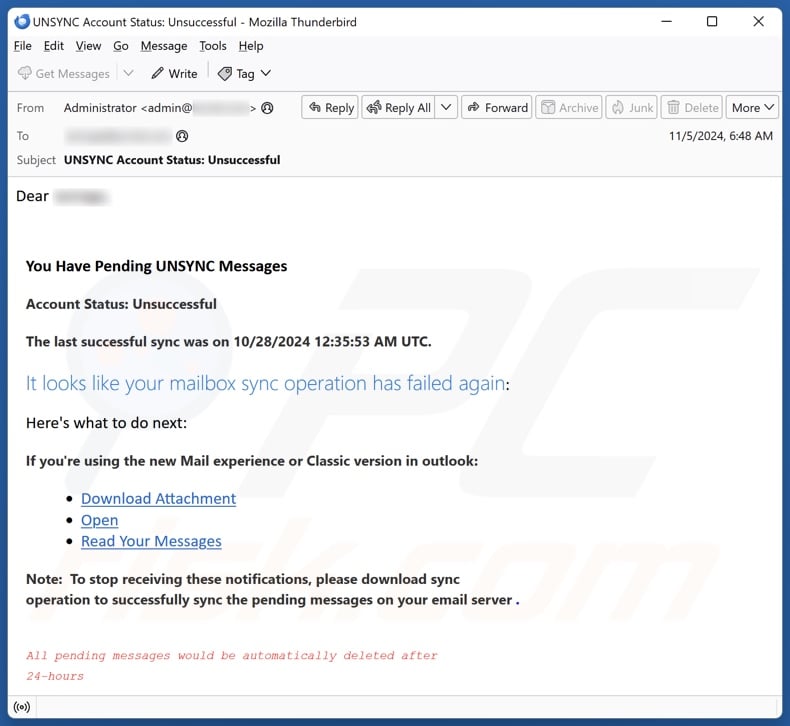You Have Pending UNSYNC Messages email spam campaign
