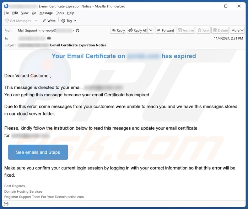 Your Email Certificate Has Expired email spam campaign