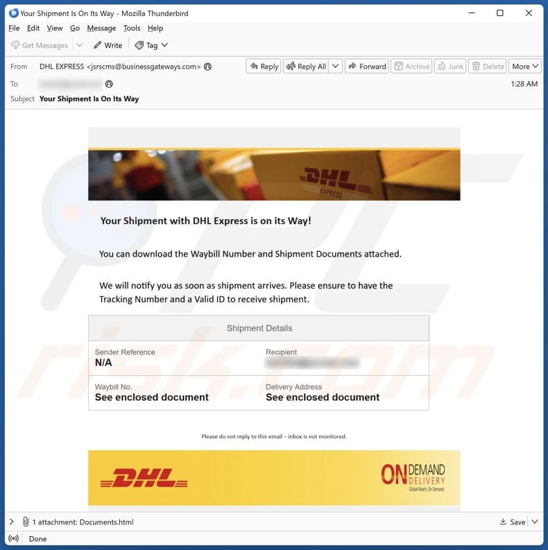 Your Shipment With DHL Express Is On Its Way email spam campaign