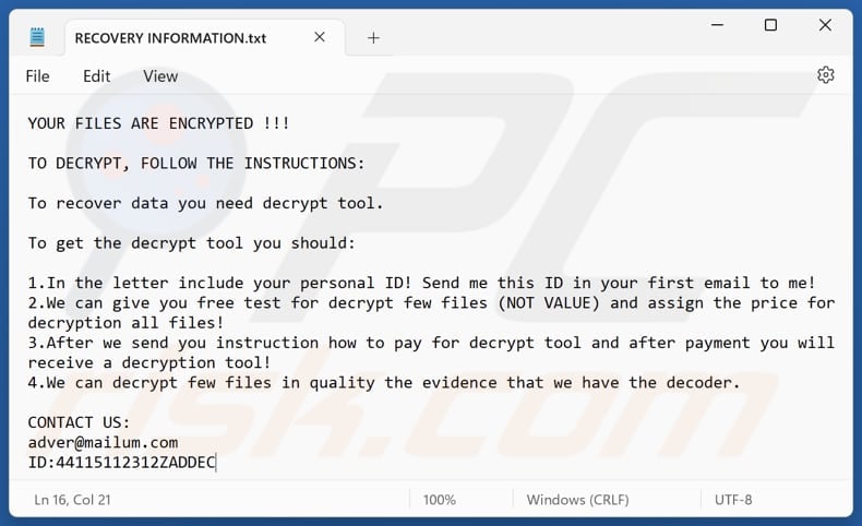 Adver ransomware text file (RECOVERY INFORMATION.txt)