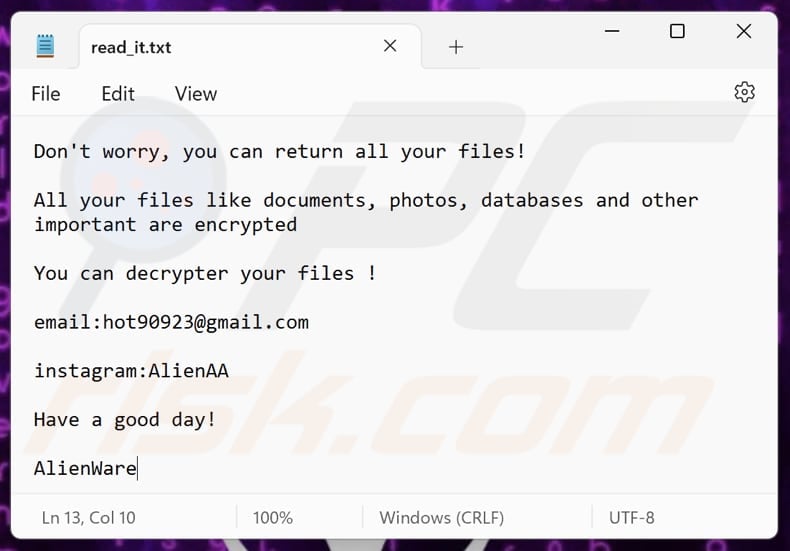 AlienWare ransomware text file (read_it.txt)