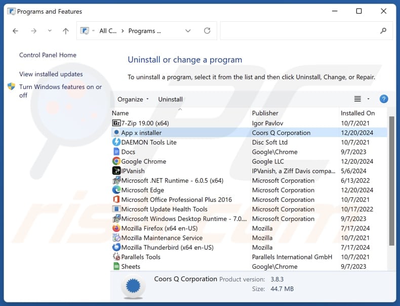 App x uninstall via Control Panel