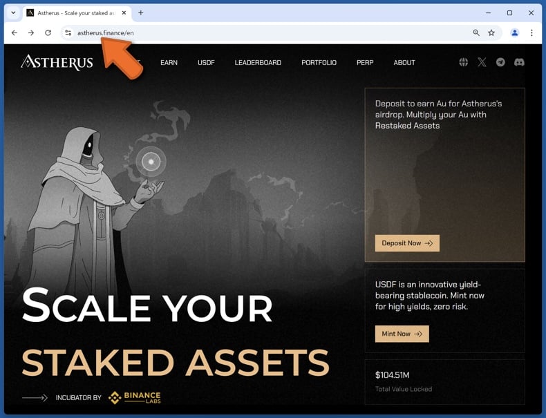 Appearance of the real Astherus website (astherus.finance)