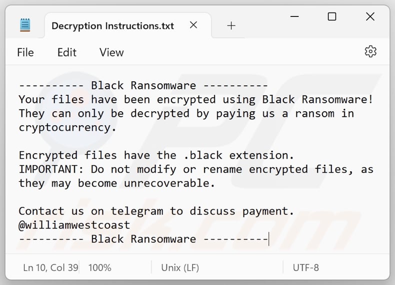 Black (Prince) ransomware ransom note (Decryption Instructions.txt)