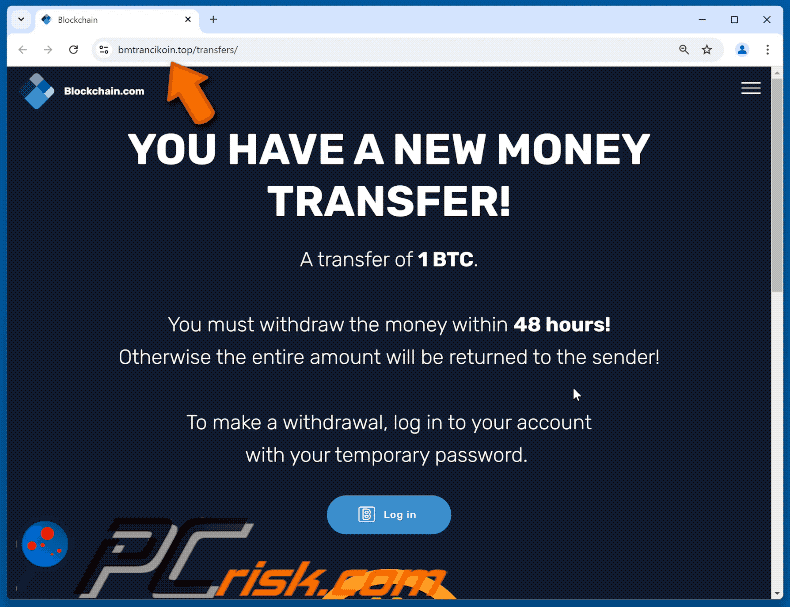 Appearance of Blockchain.com Money Transfer scam (GIF)