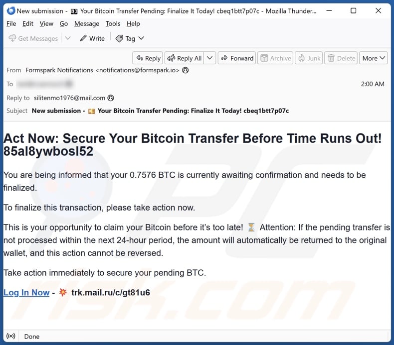 Blockchain.com Money Transfer scam promoting email