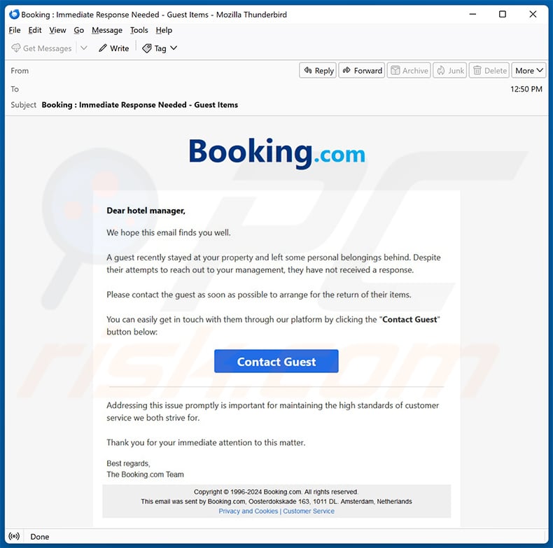 Booking.com-themed spam email promoting a ClickFix website (extraguestreview[.]com)