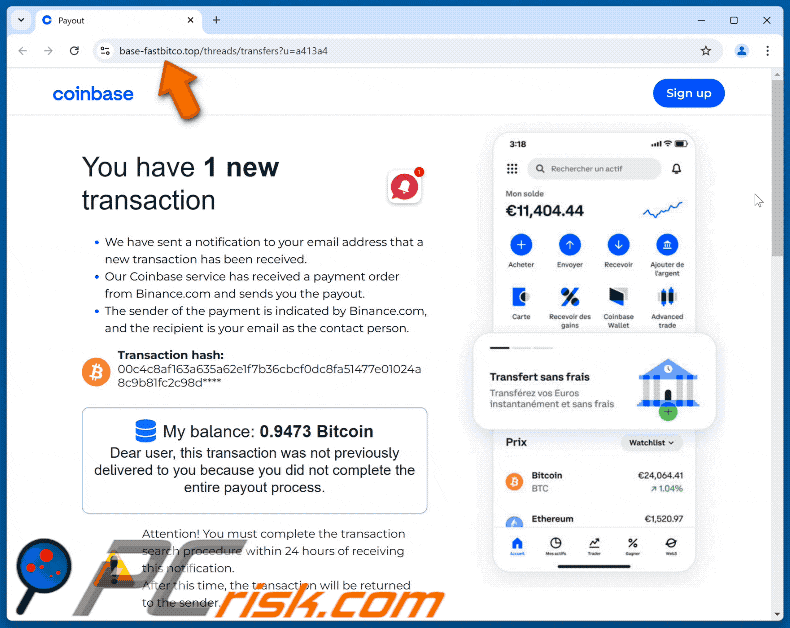 Appearance of Coinbase - You Have 1 New Transaction scam