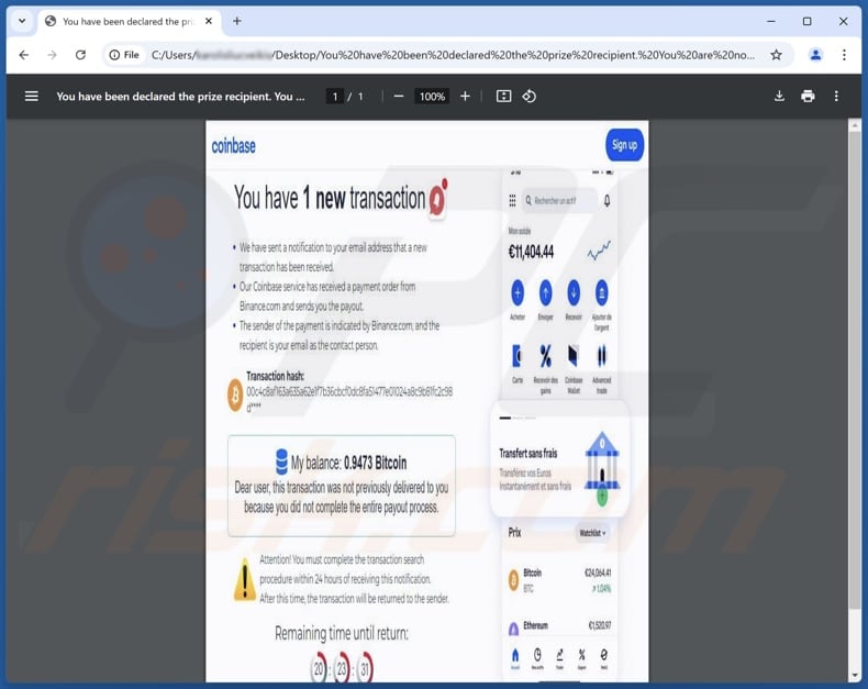 Coinbase - You Have 1 New Transaction Scam PDF file used in other scam email