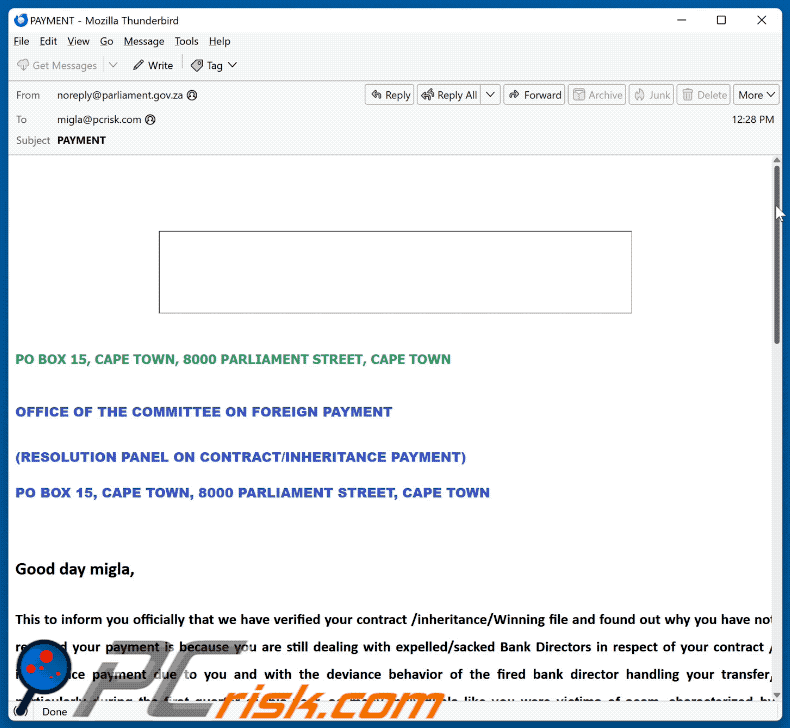 Contract/Inheritance/Winning Payment scam email appearance (GIF)
