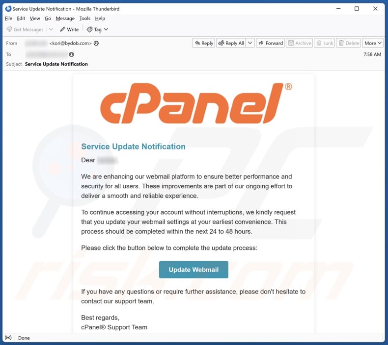 cPanel - Service Update Notification email spam campaign