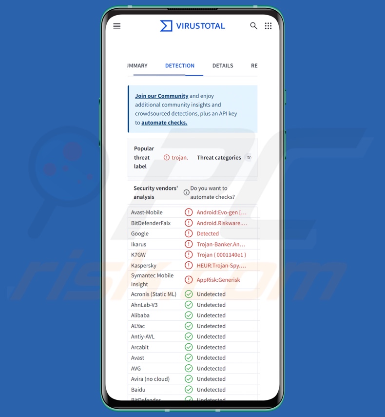 DarkNimbus malware Android version detections on VirusTotal