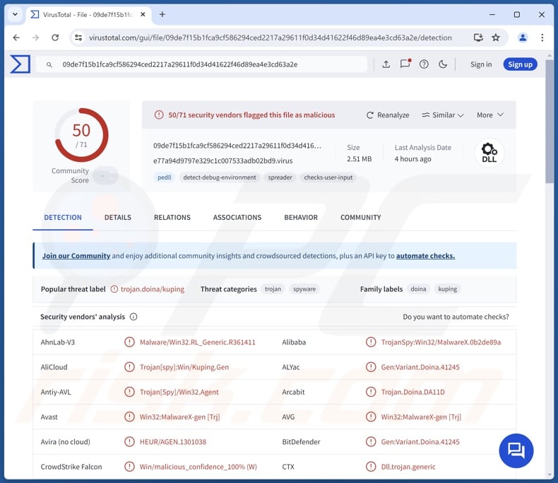 DarkNimbus malware Windows version detections on VirusTotal