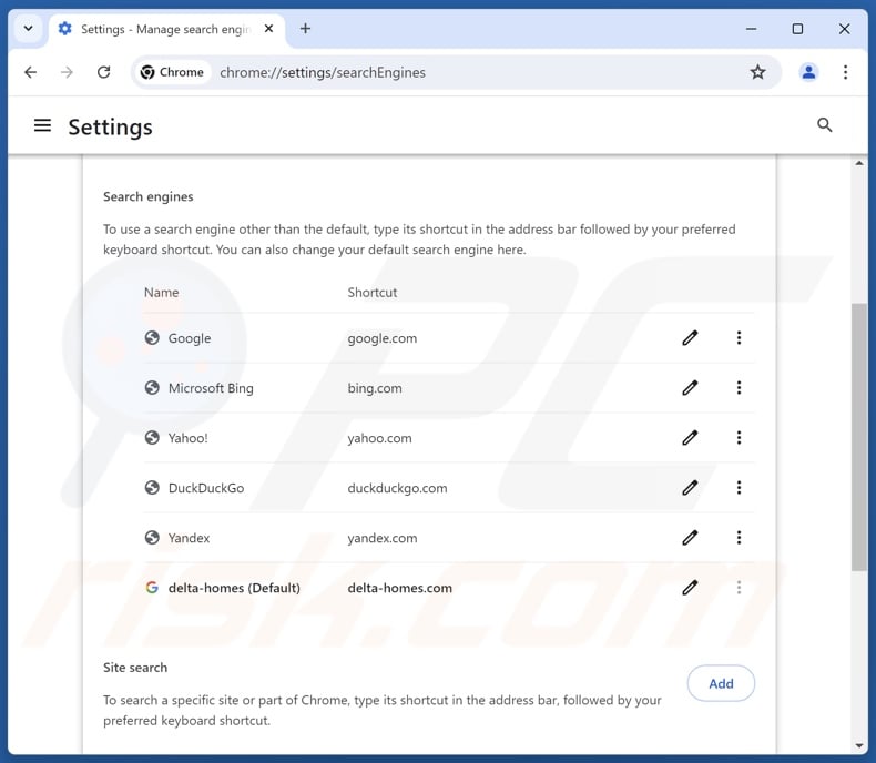 Removing delta-homes.com from Google Chrome default search engine