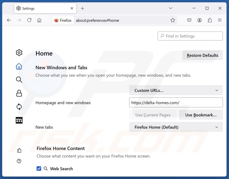 Removing delta-homes.com from Mozilla Firefox homepage