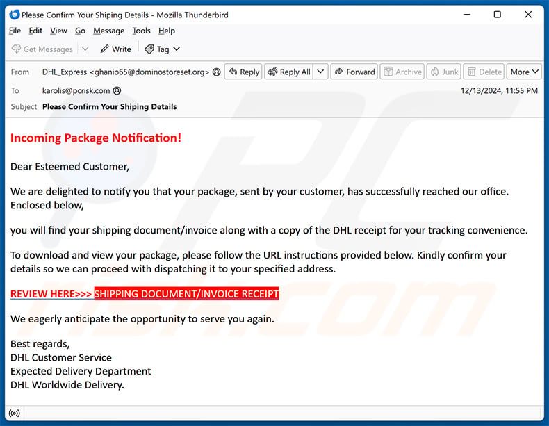 DHL - INCOMING PACKAGE NOTIFICATION email scam (2024-12-16)