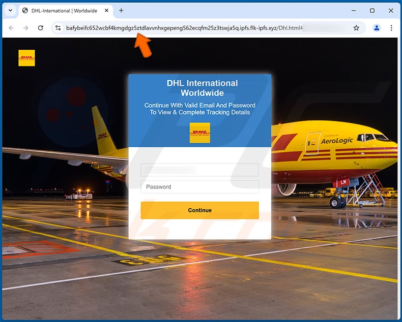 Phishing site promoted via DHL - INCOMING PACKAGE NOTIFICATION email scam (2024-12-16)