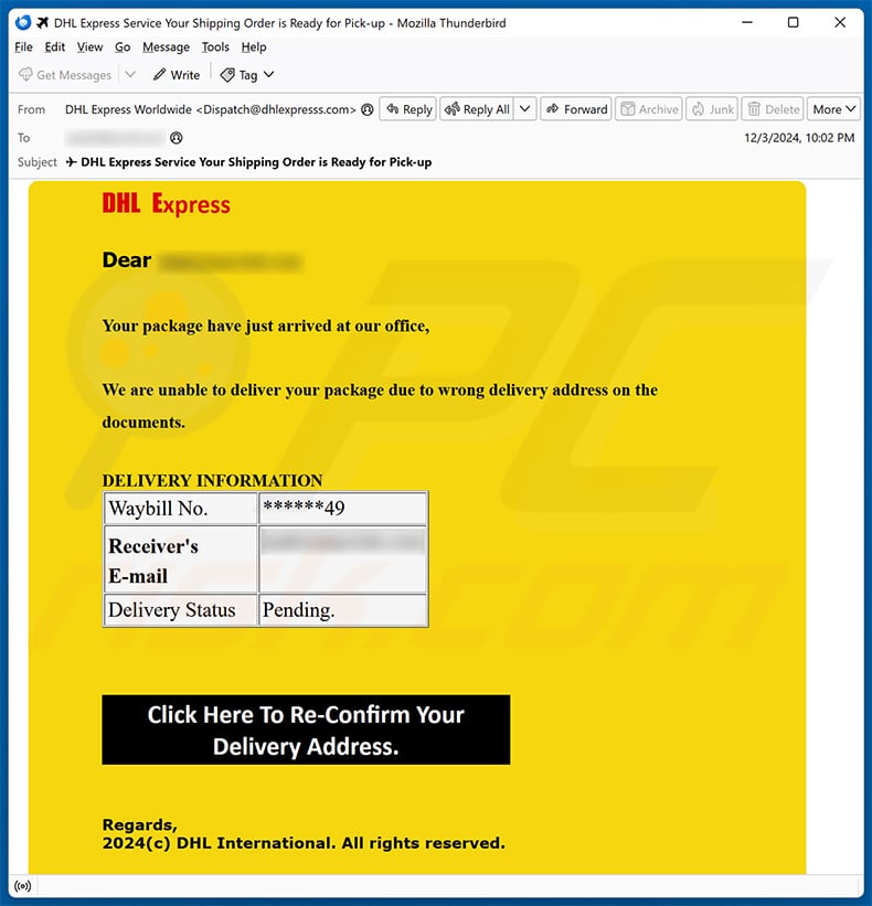 DHL - Your Parcel Delivery Arrived Today email scam (2024-12-05)