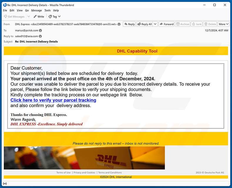 DHL - Your Parcel Delivery Arrived Today email scam (2024-12-12)