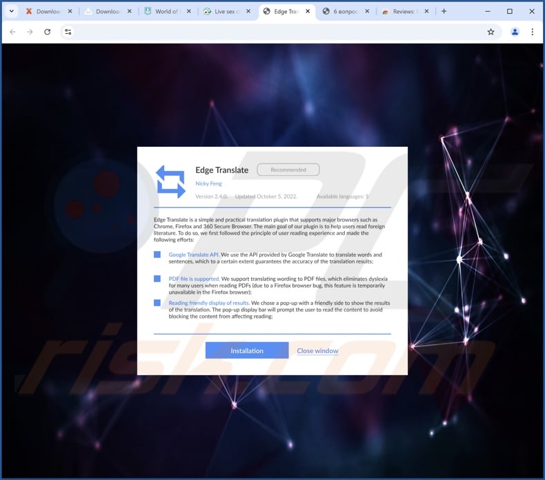 Website promoting Equalizer for Chrome browser adware