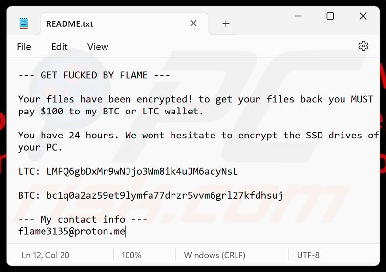 Flame ransomware note (README.txt)