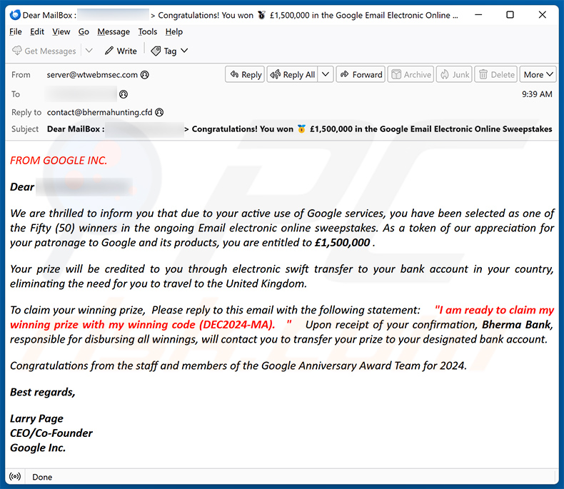 Google Foundation's E-mail Electronic Online Sweepstakes scam (2024-12-13)