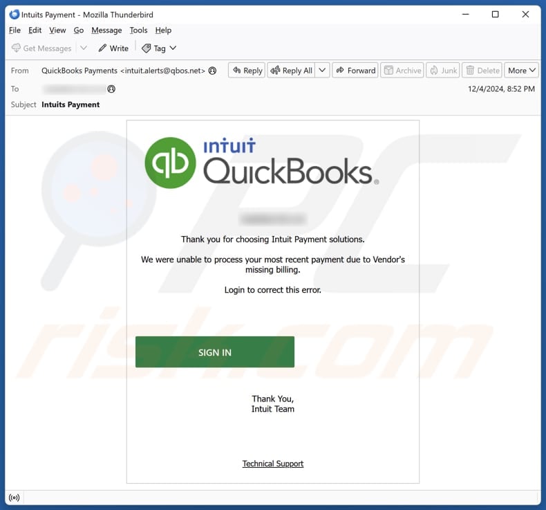 Intuit QuickBooks - Unable To Process Payment email spam campaign