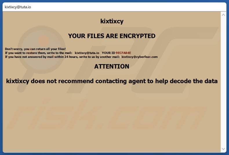 Kixtixcy ransomware pop-up window ransom note