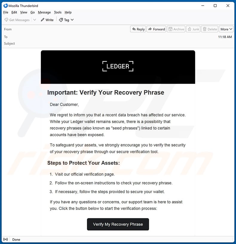 Ledger Recovery Phrase Verification Email Scam (2024-12-18)