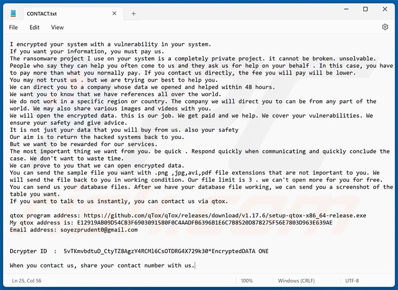 Variant of Mimic ransomware's note (CONTACT.txt)
