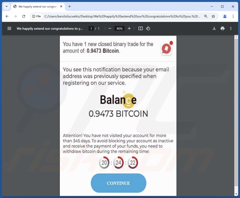 Nadex - Bitcoin Balance scam promoting spam email attachment