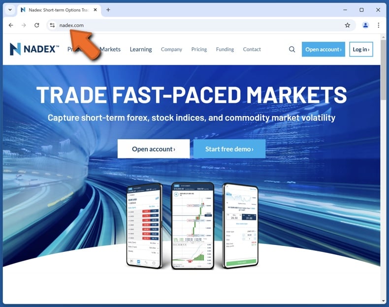 Appearance of the real Nadex website (nadex.com)