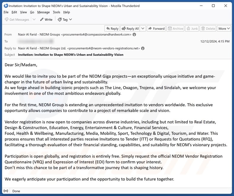 NEOM Giga Projects email spam campaign