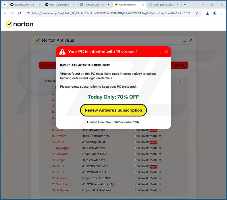 Norton - Your PC Is Infected With 18 Viruses! pop-up scam (2024-12-18)