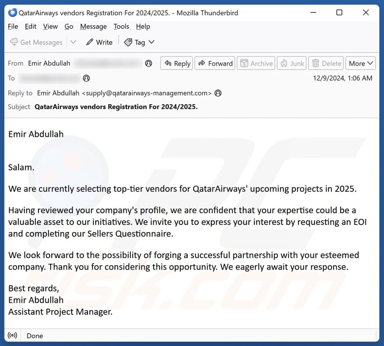 Qatar Airways email spam campaign