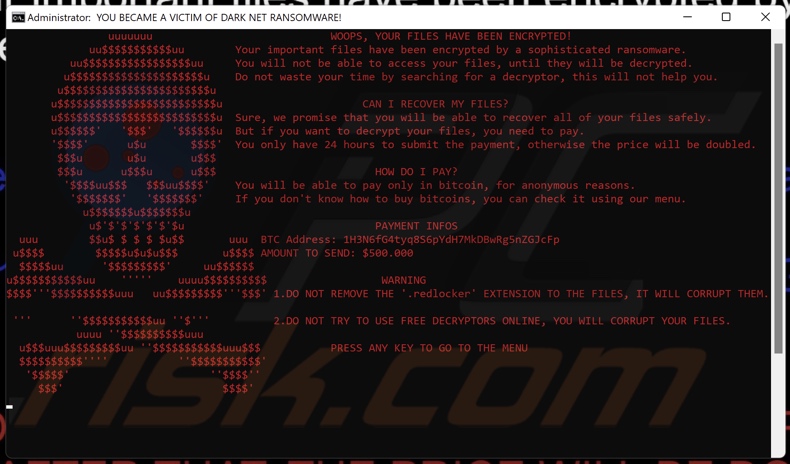 RedLocker ransomware ransom note (redlocker.bat)