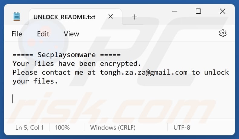 Secplaysomware ransomware text file (UNLOCK_README.txt)