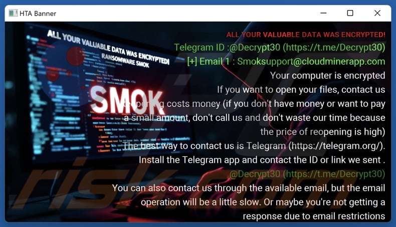 SMOK ransomware ransom note (pop-up)