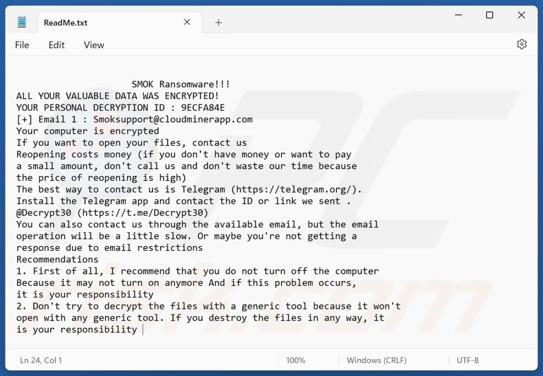 SMOK ransomware text file (ReadMe.txt)
