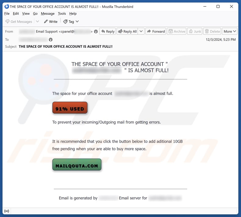 Space Of Your Office Account Is Almost Full email spam campaign